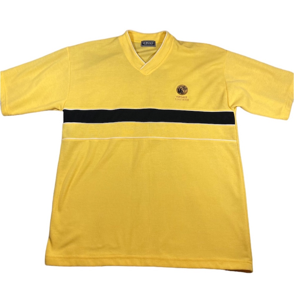 Vintage Versace Jeans Couture Men’s Sweater XL Short Sleeve V Neck Yellow